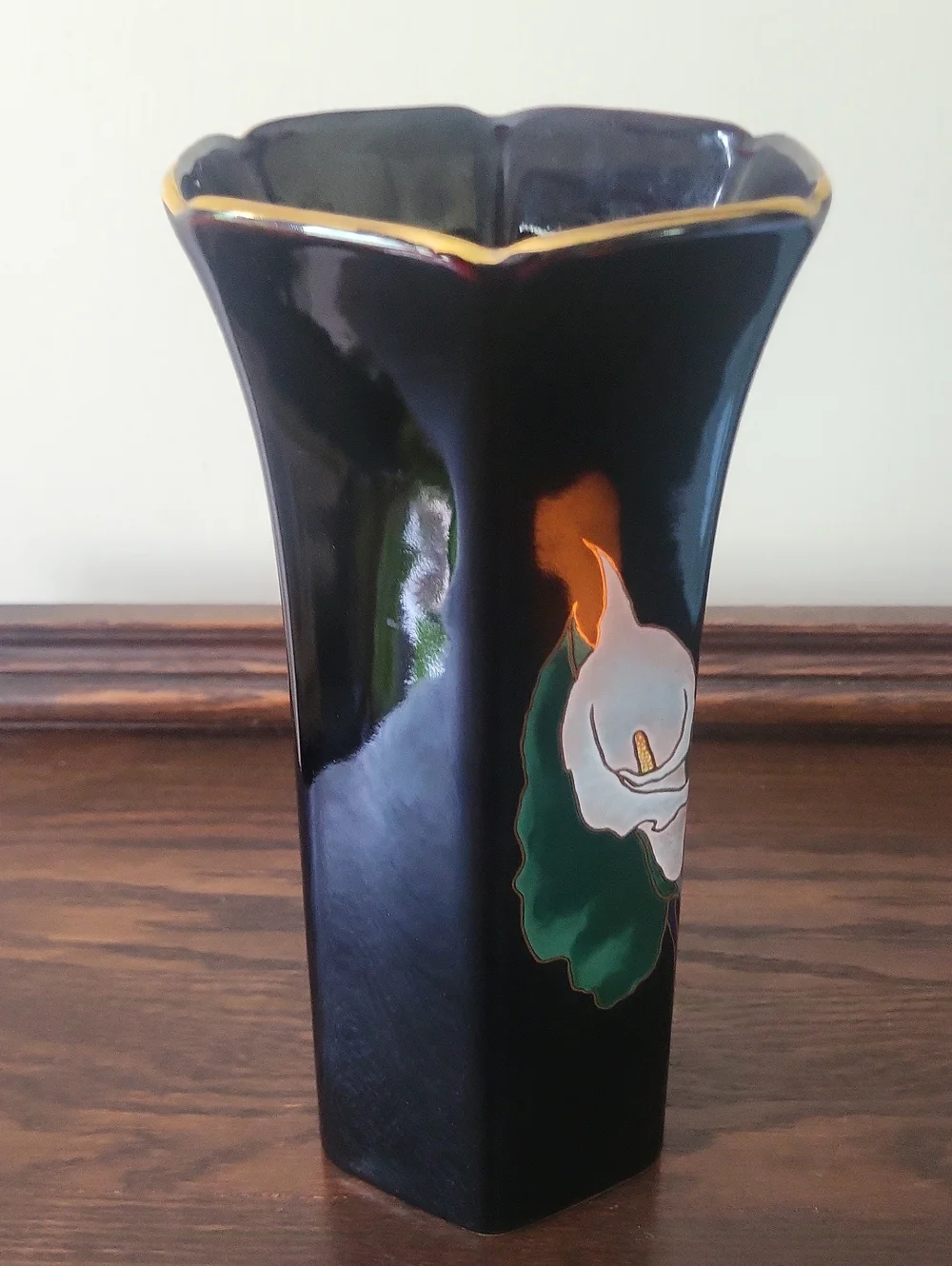Vintage Japanese Black Floral Ceramic Vase with Gold Trim